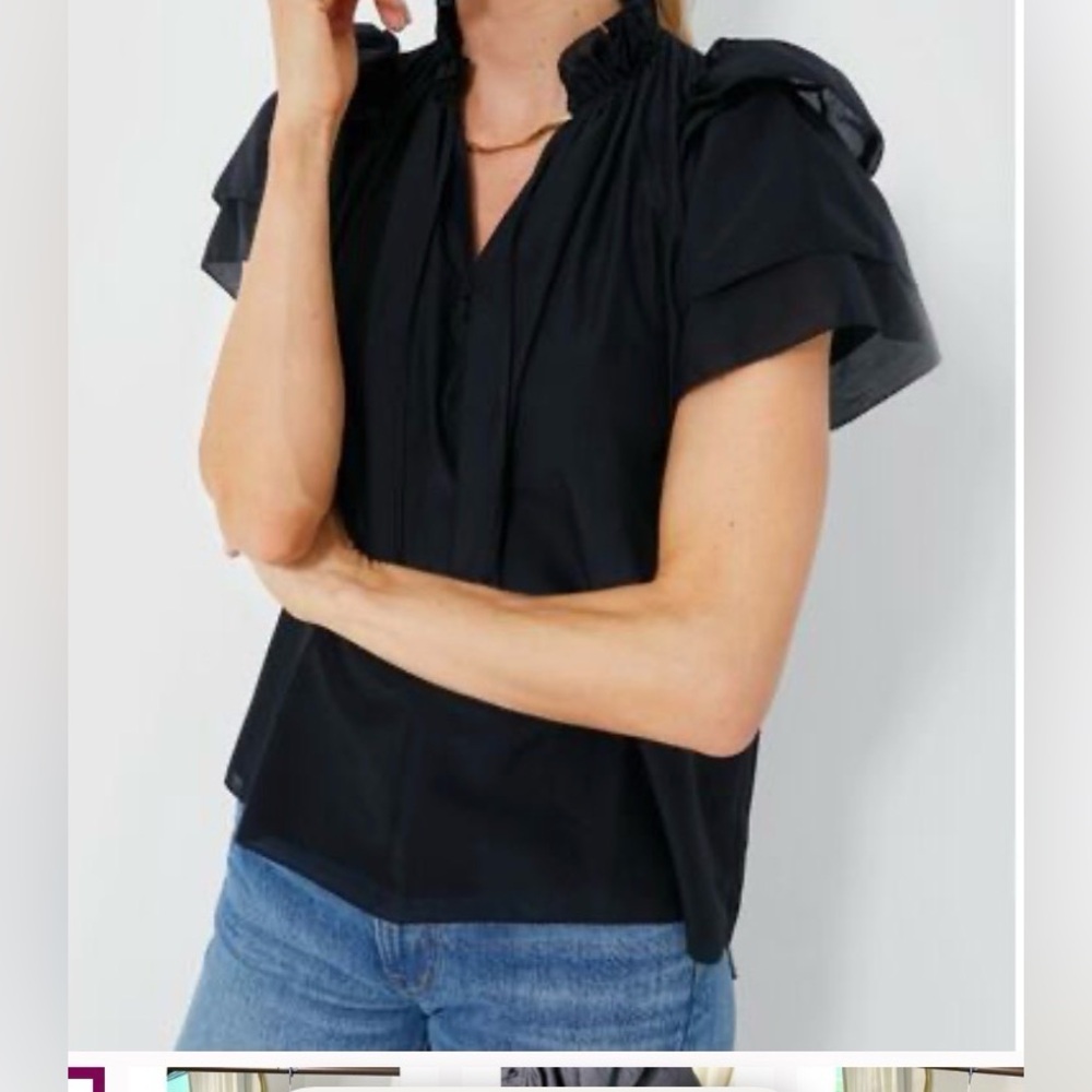 HUNTER BELL Black Ruffle Sleeve Blouse, NWT, size large.